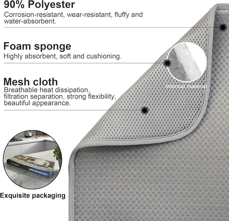 Dish Dryer Mat, Dish Drying Mats For Kitchen Counter, Large Dish Drying Pad for Kitchen Counter, Microfiber Dish Drying Mat for Sinks, Drainer Mats, 20 x 15 inches (Gray)