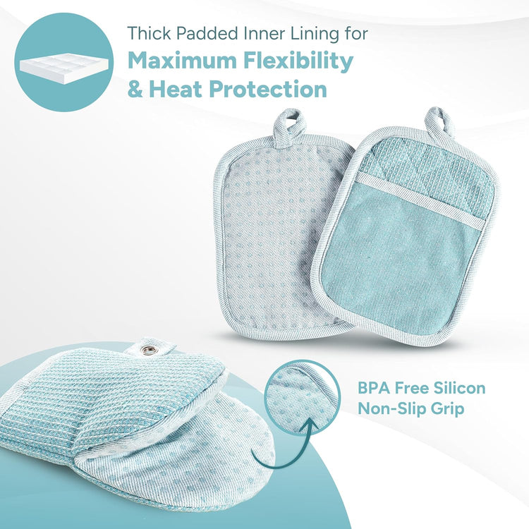 Casa Platino Oven Mitts and Pot Holders Sets, 8-Piece – 500°F Heat Resistant Mini Oven Mitts with Silicone Grip, Potholders for Kitchens, 2 Kitchen Towels & 2 Dish Cloths – Non-Slip & Durable – Aqua