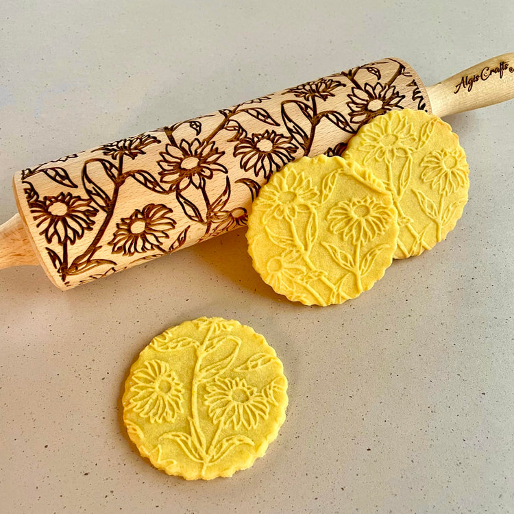 Embossing Rolling Pin GOLDEN DAISIES with Ornamental Bloom Pattern