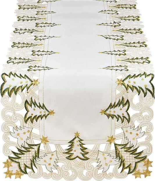 Fennco Styles Pandoro Collection Holiday Embroidered Christmas Tree Cutwork Border 16 x 68 Inch Table Runner – Ivory Table Cover for Christmas Dinner, Family Gathering, Special Events