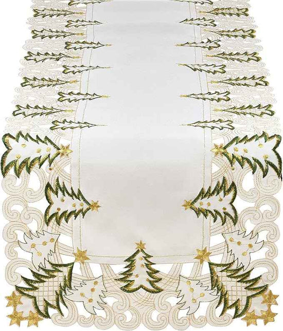 Fennco Styles Pandoro Collection Holiday Embroidered Christmas Tree Cutwork Border 16 x 108 Inch Table Runner – Ivory Table Runner for Christmas Dinner, Family Gathering, Special Events and Home Décor