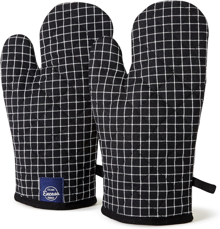 Encasa XO Long 12"x7" Oven Microwave Hand Gloves Mitts (2 pc Set) for Kitchen Cooking & Baking - Heat Resistant, Thick & Safe, Protection of Hands from Hot Utensils - Butcher Checks Black