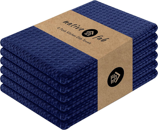 Native Fab Waffle Kitchen Towel - 6 Pack - Absorbent Dish Towel for Cleaning, Drying, and Cooking - 100% Cotton Durable Kitchen Essential for Home Use, Quick Drying Towels, 16x26 inches - Ink Blue - Nestoria