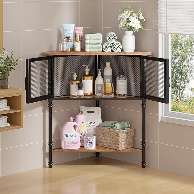 VECELO Corner Cabinet/Table, 3-Tier Display Shelves with Protection Door, Metal Frame Storage Shelf Organizer for Small Space, Living Room, Kitchen, Bathroom