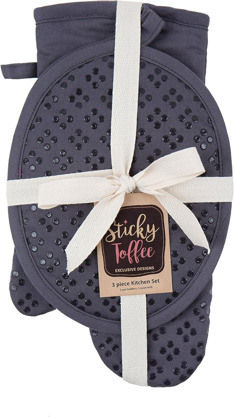 Sticky Toffee Oven Mitt and Pot Holder Set of 3 – Gray Non-Slip Kitchen Hot Pads and Mitts with Silicone Grip, 100% Cotton Shell, Oeko-Tex Cotton