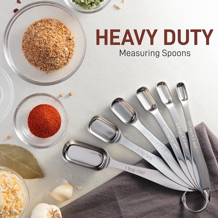 Zulay Measuring Spoons Set - 6 Piece Stainless Steel Measuring Spoons - Easy to Read, Etched Markings & Slim Design for Narrow Spice Jars - Heavy Duty Tablespoon Measure Spoon with Removable Clasp