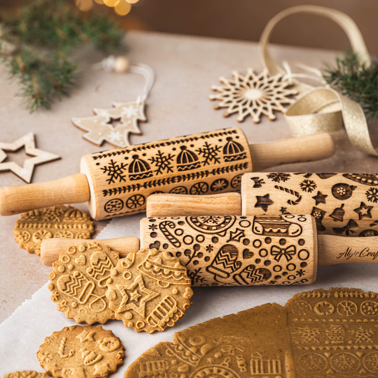 CHRISTMAS FUN 3 Kid Rolling Pin Set. Wooden Laser Cut Embossing Cut Mini Rolling Pins for Embossed Cookies. Gift for Kid