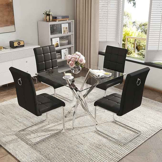 AF ARTISAN FURNITURE 5 Piece Square Glass Dining Table Set, Silver Glass Kitchen Table Set for 4 Modern Table Set with 4 Black PU Upholstered Dining Chairs, for Small Space, Breakfast Nook