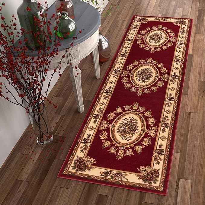 Pastoral Medallion Red French European Formal Traditional 2x7 (2'3" X 7'3") Runner Rug Stain/Fade Resistant Contemporary Floral Thick Soft Plush Hallway Entryway Living Dining Room Area Rug