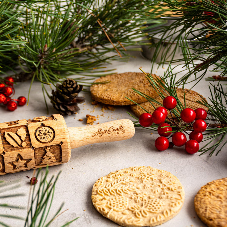 CHRISTMAS FEST 3 Mini Embossed Rolling Pin Set. Wooden Laser Engraved Textured rolling pins for Cookies