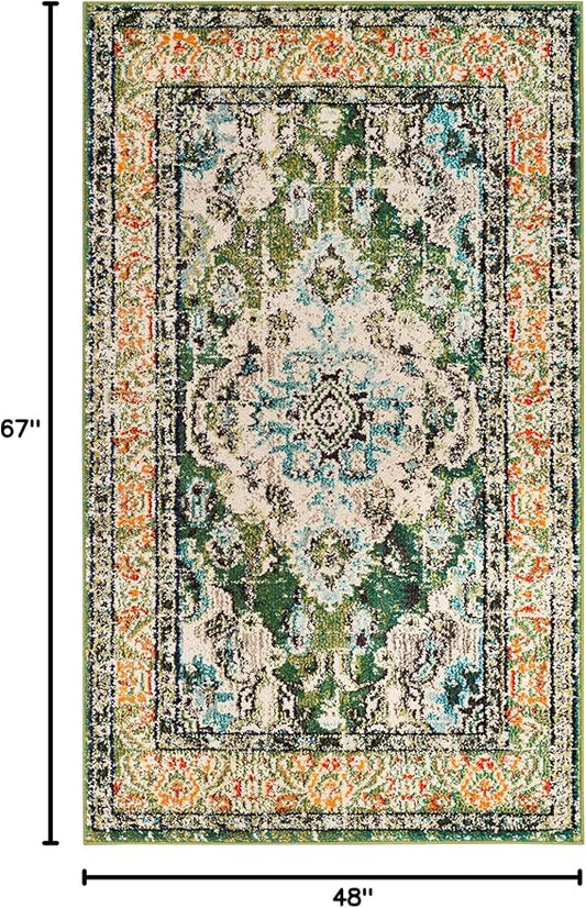 SAFAVIEH Monaco Collection Area Rug - 4' x 5'7", Forest Green & Light Blue, Non-Shedding & Easy to Clean, Distressed Medallion Design, Ideal for Living Room, Bedroom, Dining Space (MNC243F)