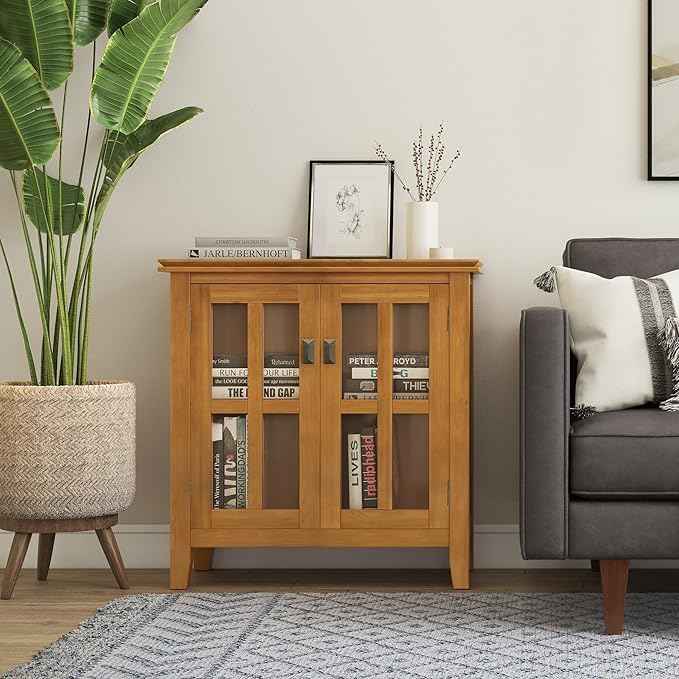 SIMPLIHOME Artisan SOLID WOOD 30 Inch Wide Contemporary Low Storage Cabinet in Honey Brown, For the Living Room, Entryway and Family Room