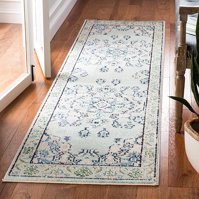 SAFAVIEH Monaco Collection Runner Rug - 2'2" x 14', Light Blue & Ivory, Non-Shedding & Easy Care, Ideal for High Traffic Areas in Living Room, Hallway, Foyer, Bedroom (MNC243K-214)