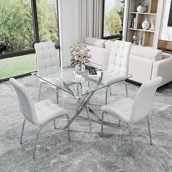 5 Piece Square Glass Dining Table Set, Round Tempered Glass Kitchen Table for 4, Modern Table with 4 High-Back Upholstered Chairs for Kitchen Dining Room (Silver Legs, 4 White Chairs)