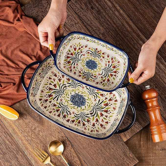 Baking Dish Ceramic Baking Pan Blue Casserole Dish Rectangular Baking Set 2pcs Bakeware Sets Single Serving Size Lasagna Pan Baking Dishes for oven (The tulip)