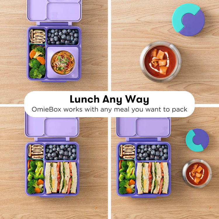 OmieBox Bento Box for Kids - Insulated Bento Lunch Box with Leak Proof Vacuum Insulated Food Jar - 3 Compartments, Two Temperature Zones (Purple Plum)
