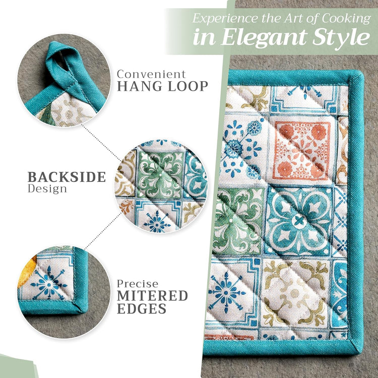 Maison d' Hermine 100% Cotton Oven Mitt & Pot Holder Set (7.5"x13" & 8"x8") Heat Resistant BBQ Cooking Gloves with Loop, Baking, Grilling, Kitchen, Handling Hot Pans Spring/Summer (Agrume)