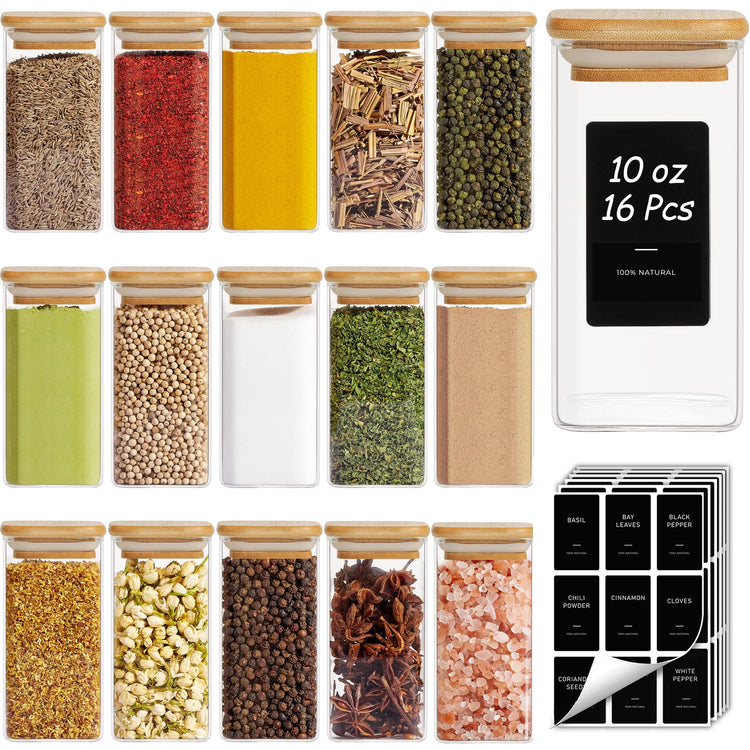 Glass Spice Jars with Labels 10 oz 16 Pack Large Square Bamboo Lids (16 Count)