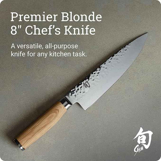 Shun Premier Blonde 8" Chef's Knife, Handcrafted Japanese Kitchen Knife for Professional and Home Chefs, VG-MAX Core with Damascus Stainless Steel Cladding, Pakkawood Handle