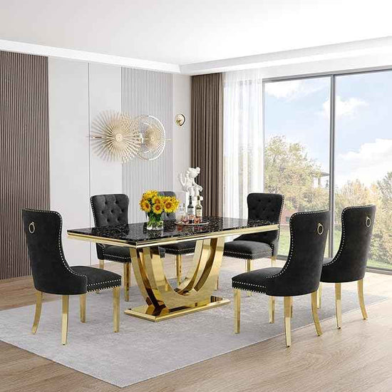 Marble Dining Table Set for 6,70" Black Faux Marble Kitchen Tables and Velvet Chairs for 6,7 Piece Luxury Dining Room Table Set and 6 Upholstered Chairs with Gold Stainless Steel Bases
