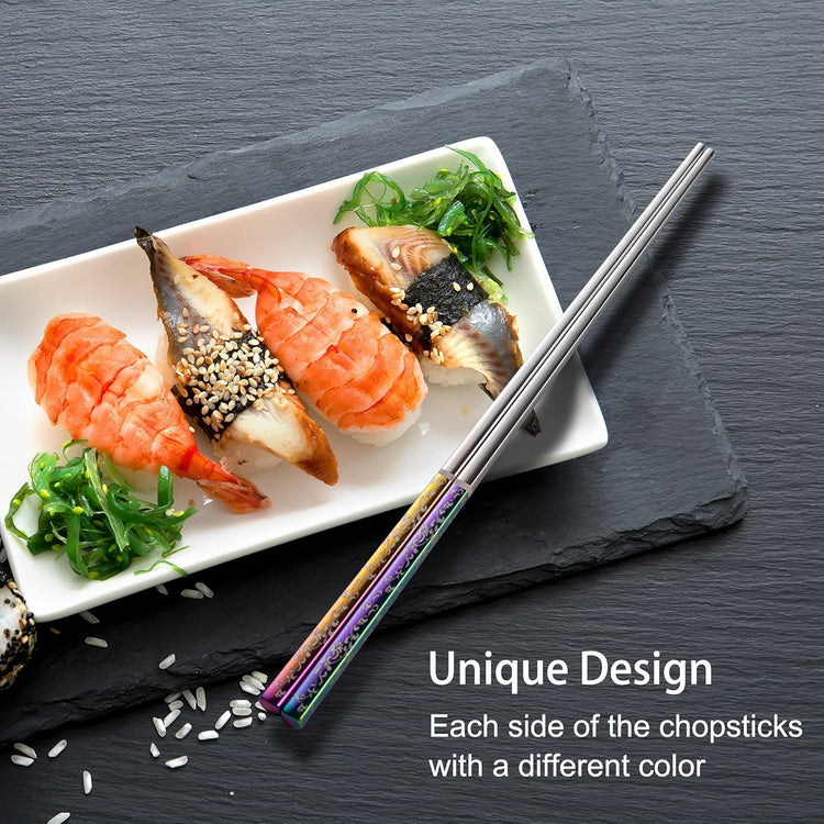 Metal Chopsticks, Reusable Dazzling Rainbow Stainless Steel, Titanium Plated, Non-slip, Dishwasher Safe, Eco-friendly, 2 Pairs Gift Set