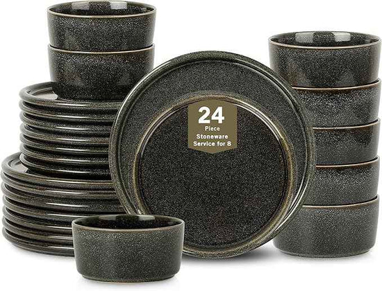 Stone Lain Eden 24-Piece Dinnerware Set Stoneware, Plates and Bowls Set, Dishwasher and Microwave Safe Dish, Dish Set for 8, Charcoal Grey