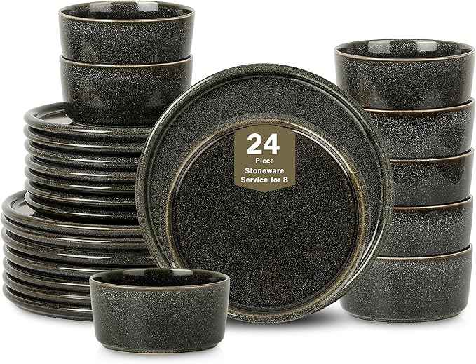 Stone Lain Eden 24-Piece Dinnerware Set Stoneware, Plates and Bowls Set, Dishwasher and Microwave Safe Dish, Dish Set for 8, Charcoal Grey