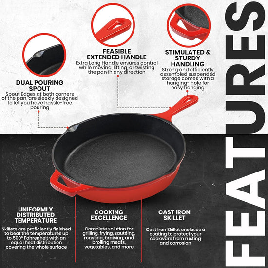 Utopia Kitchen Saute Frying Pan 12 Inch, Cast Iron Chefs Pan, Pre Seasoned Cast iron Skillet With Lid, Safe Grill Cookware for Indoor & Outdoor Use, Red - Nestoria