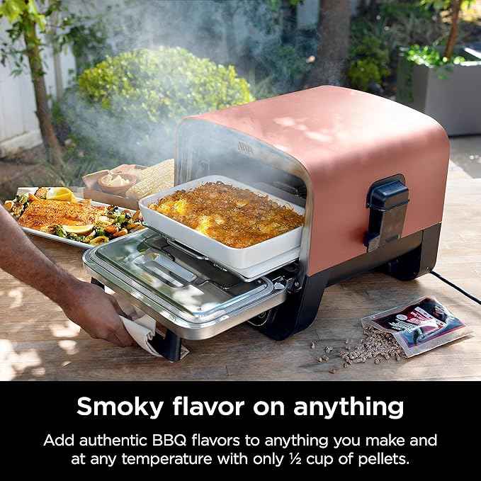 Ninja Woodfire Outdoor Pizza Oven, 8-in-1 Portable Electric Roaster Oven, Heats up to 700°F, 5 Artisan Pizza Settings, Integrated BBQ Smoker Box, Includes Flavored Wood Pellets, Terracotta Red