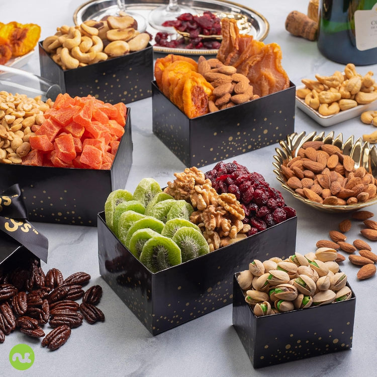 NUT CRAVINGS Gourmet Collection - Thinking of You, Nuts & Dried Fruits Tower Gift Basket, with TY Ribbon + Greeting Card (12 Assortments) Food Arrangement, Healthy Snack Care Package, Food Assortments