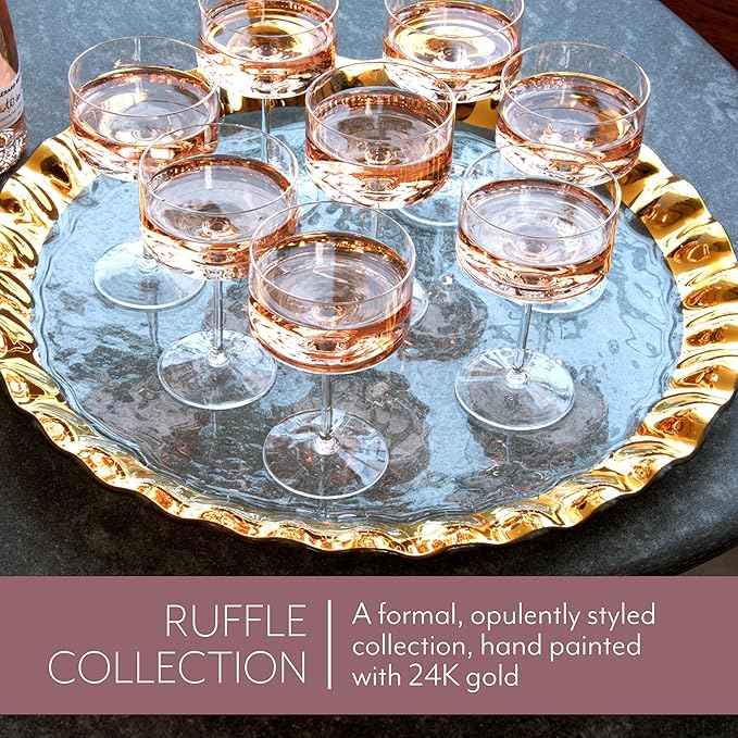 Annieglass Ruffle 20 Inch Giant Round Platter with 24k Gold, Timeless Glass Tableware for all Occasions, Made in the USA