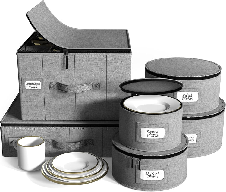 Sorbus China Storage Containers 6-Piece Set - Hard Shell Dinnerware Organizer for Plates, Glasses, Mugs & Saucers (Holds Service for 12) with Felt Protectors for Moving & Storage