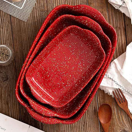 3-Pack Ceramic Lasagna Pan,Heavy-Duty Rectangular Baking Dishes, High Heat Resistant Oven-Safe Stoneware Casserole with Handles,Home Baking,Speckle Series(13.8''/12''/9.6'' Red)