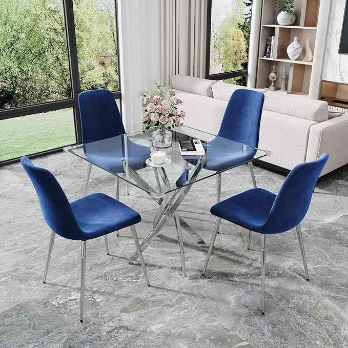 36" Square Glass Dining Table Set for 4, 5-Piece Modern Kitchen Table with 4 Blue Scoop-Shape Velvet Chairs, Modern Circle Leisure Table for Home Office Dining Room Small Spaces (Gold Leg)
