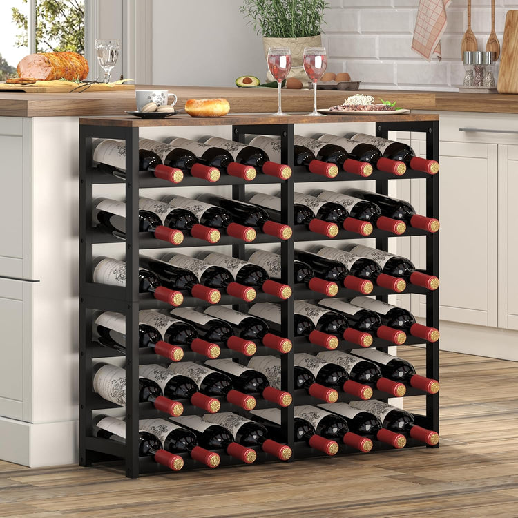 6 Tier Bamboo Wine Rack with Table Top, Freestanding 48-Bottle Wine Storage Shelf, Wine Display for Kitchen, Bar, Dining Room, Living Room, Rustic Brown and Black