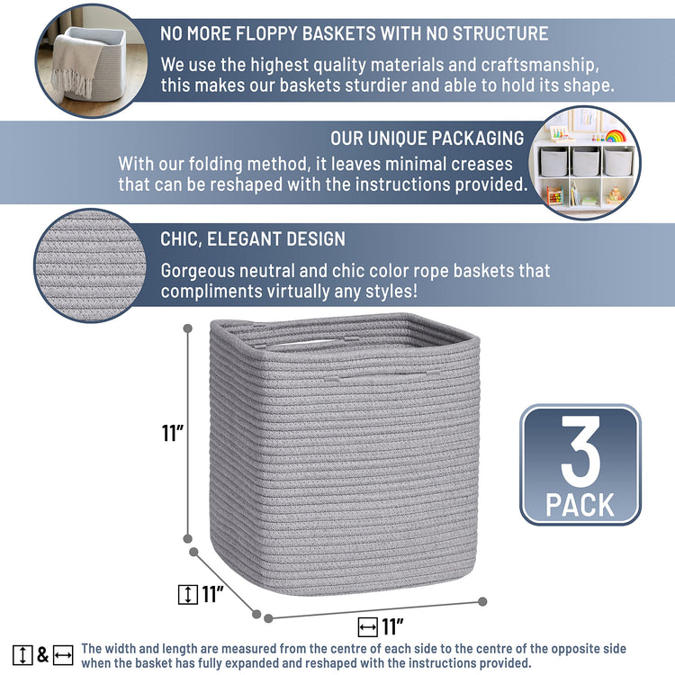 Storage Cubes 11 Inch Cotton Rope Woven Baskets for Organizing (3 Count)