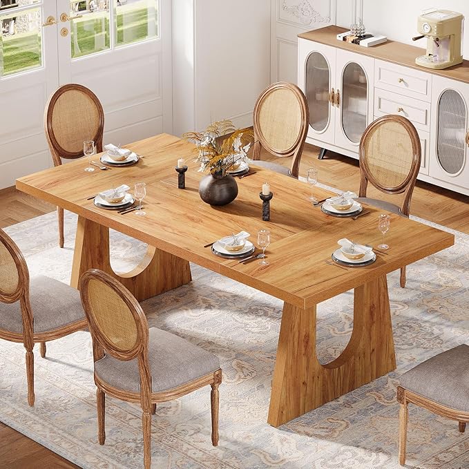 Tribesigns Large Dining Table for 6-8 People, 70.9-Inch Wood Rustic Rectangular Table with Black Wooden Legs, Farmhouse Center Kitchen Table for Dining Room, Living Room, Home Furniture (Brown)