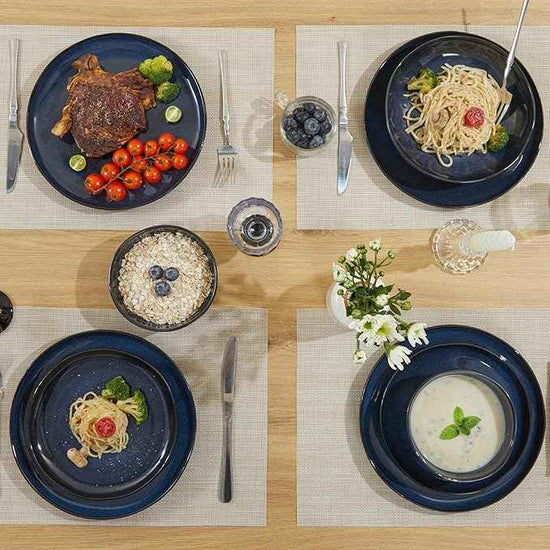 18 Piece Stoneware Dish Set for 6, Reactive Glaze Ceramic Plates and Bowls Set | Coastal‑Inspired Irregular Design for Casual Entertaining & Intimate Dinners | Dishwasher & Microwave Safe
