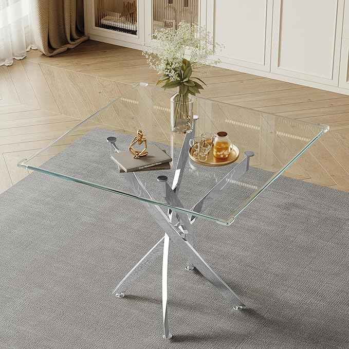 AF ARTISAN FURNITURE Square Glass Dining Table for 4, 36'' Modern Kitchen Table with Tempered Glass Top, Dining Table for Office Kitchen Living Meeting Room Small Space, Silver