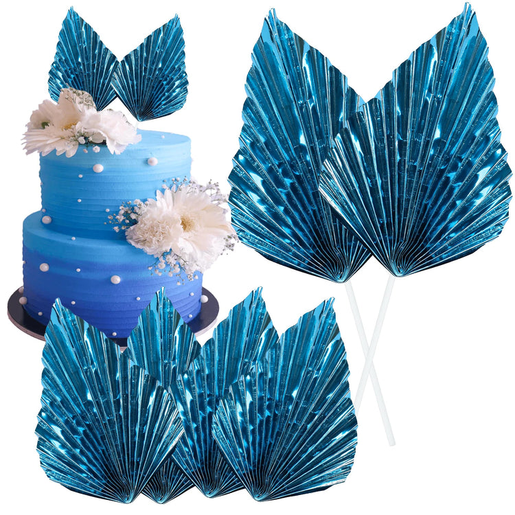 6Pcs Paper Palm Fan Cake Toppers Palm Spear Leaves Fan Cupcake Toppers Cake Insert Decorations Craft DIY Cake Bakeware Decoration for Birthday Party Wedding Party Decor Supplies Light Blue (6 Count)