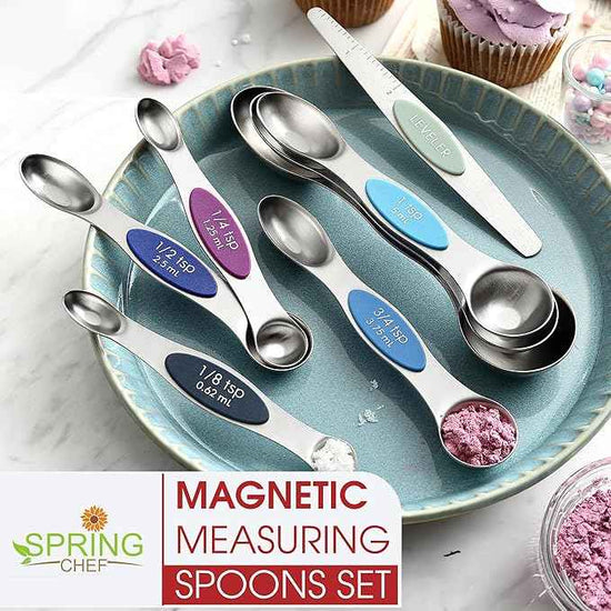 Spring Chef Stainless Steel Magnetic Measuring Spoons Set of 8 with Leveler, Dual Sided Metal Teaspoon & Tablespoon Measuring Spoons, Nesting Kitchen Gadgets for Baking & Cooking - Winter Frost