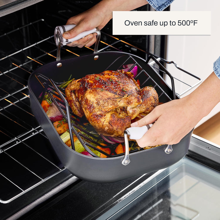 Essentials Hard Anodized Nonstick Roaster with Rack 11x14 Inch Oven Broiler Safe 500F Roaster Pan