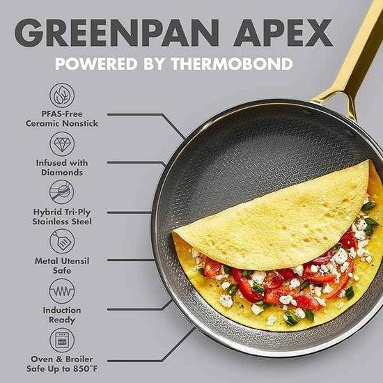 GreenPan Hybrid 9.5” & 11” Nonstick Stainless Steel Frying Pan Set, APEX Tri-Ply Thermobond PFAS-Free Ceramic Skillets, Induction & All Cooktop Compatible, Oven Temp to 850°F, Dishwasher Safe, Gold