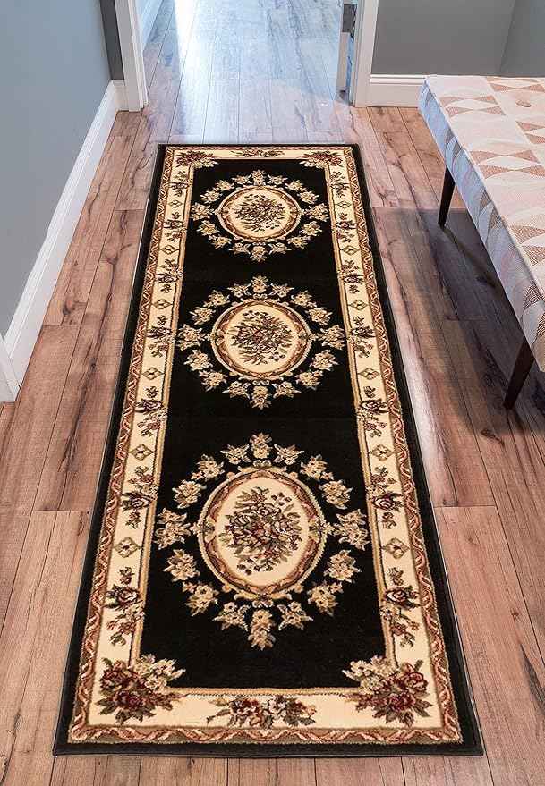 Pastoral Medallion Black French European Formal Traditional 2x7 (2'3" X 7'3") Runner Rug Stain / Fade Resistant Contemporary Floral Thick Soft Plush Hallway Entryway Living Dining Room Area Rug