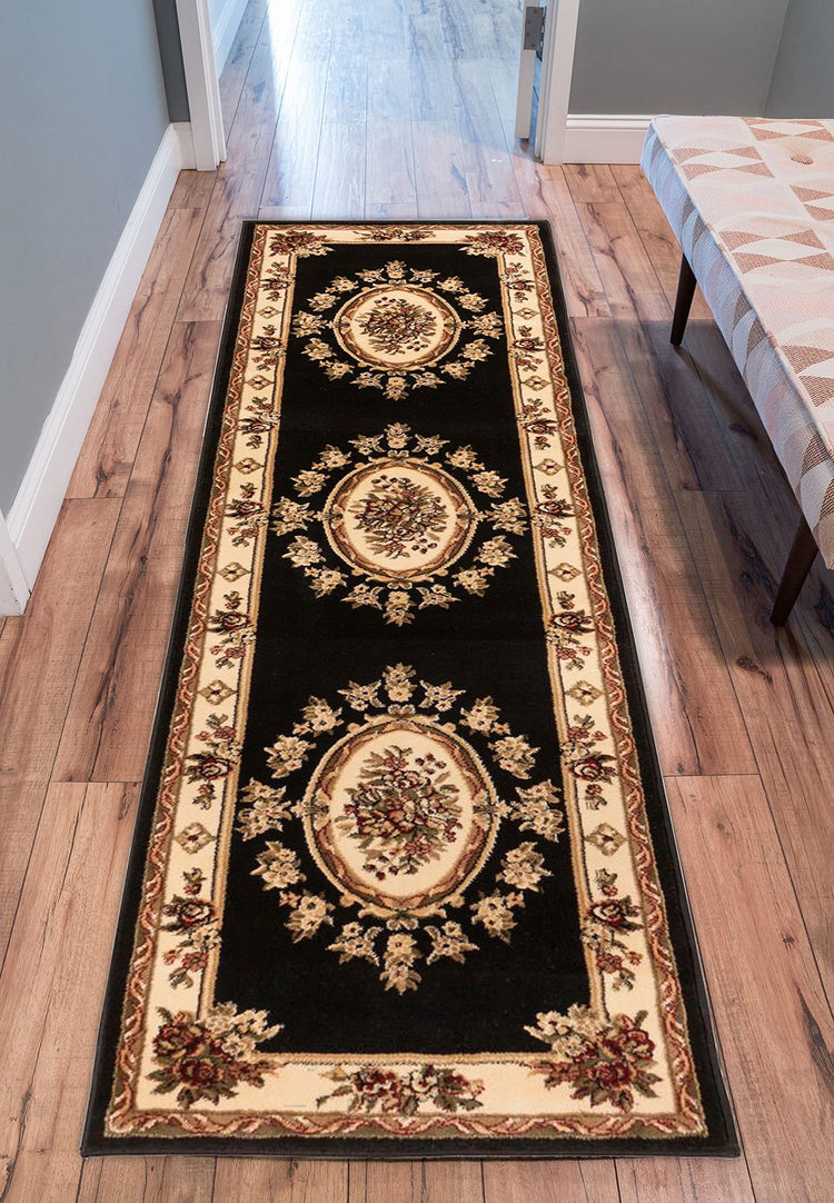 Pastoral Medallion Black French European Formal Traditional 2x7 (15.84 Sq Ft)