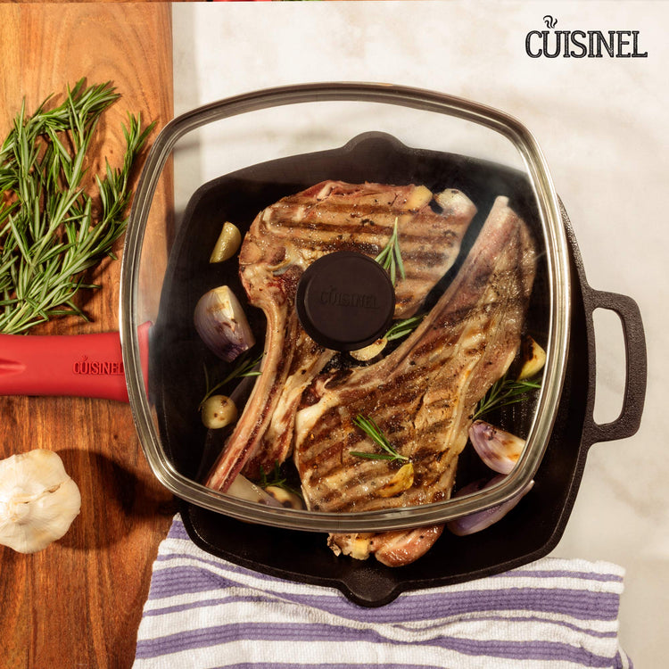 Cast Iron Square Grill Pan + Glass Lid + Pan Scraper + Handle Cover
