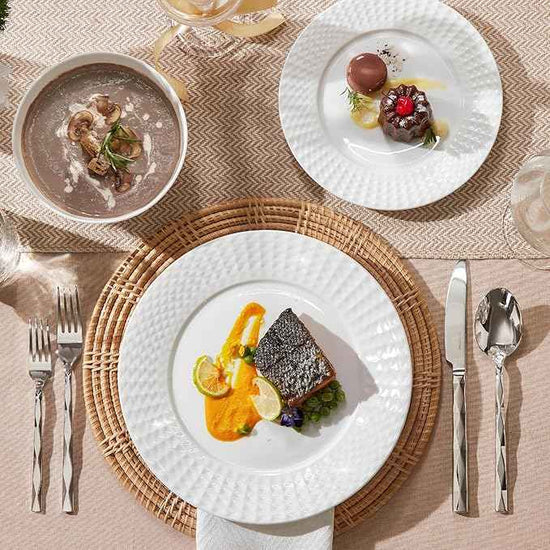 KINGSTONE Bone China Dinnerware Set, 24-Piece White Lightweight Porcelain for 8, Plates and Bowls with Rhombus patterned edge design, Microwave and Dishwasher Safe, for Family, Restaurant, Gifting