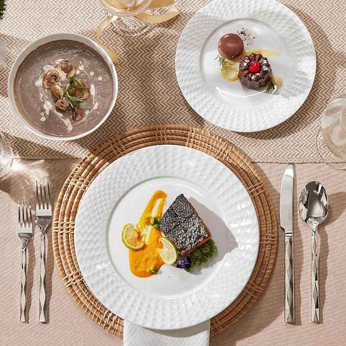 KINGSTONE 12-piece Bone China Dinnerware Set and 20-piece silverware, White Lightweight Porcelain for 4, Plates, Bowls with matching flatware, Microwave and Dishwasher Safe, for Family, Gifting