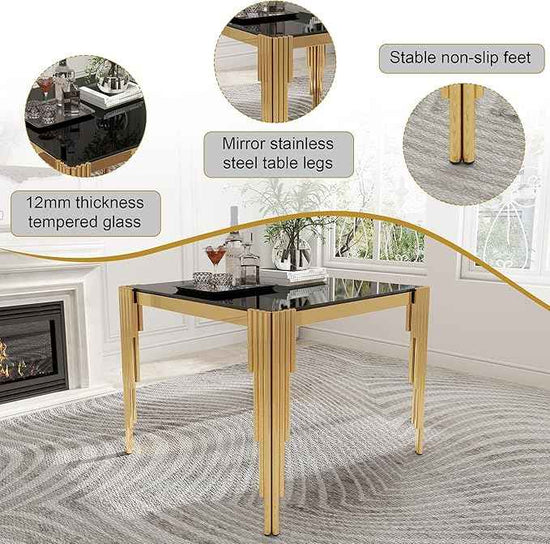 35'' Modern Square Glass Dining Table for 4 People,Black Tempered Glass Top Dining Room Table with Stainless Steel Base, Glass and Gold Dining Table for 4, Rectangle Dining Kitchen Table for Dinner