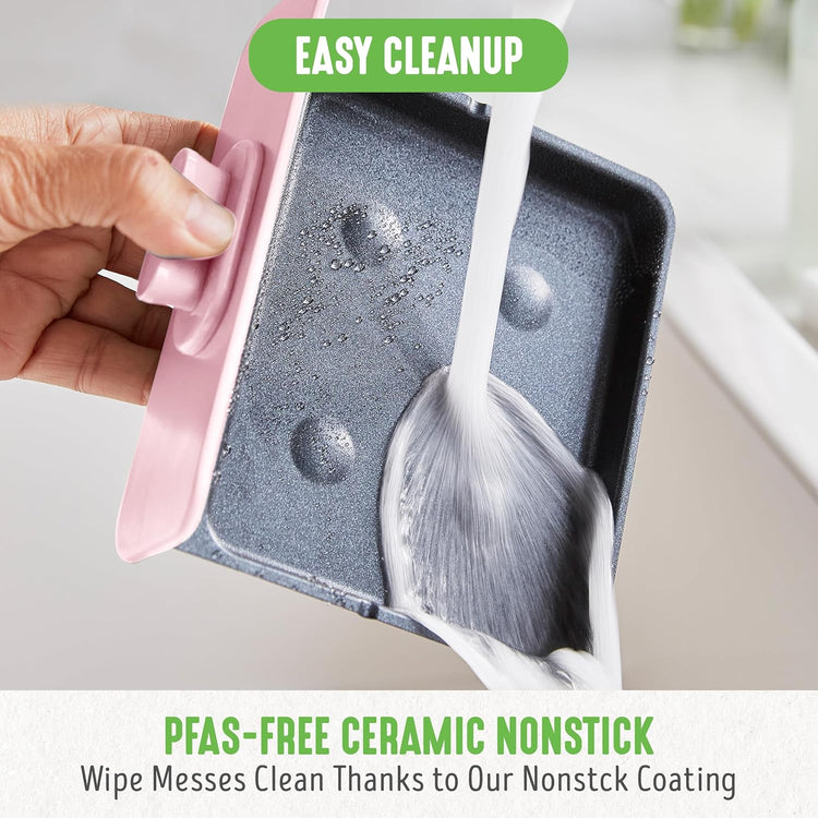GreenLife 3-in-1 Breakfast Maker Station, Healthy Ceramic Nonstick Dual Griddles for Eggs Meat Sausage Bacon Pancakes and Breakfast Sandwiches, 2 Slice Toast Drawer, Easy-to-use Timer, Pink